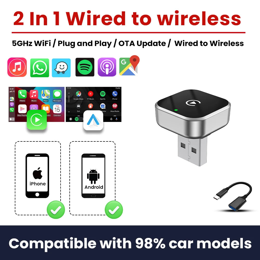 2in1 Wireless CarPlay Adapter Android Auto Dongle Bluetooth Plug&Play Car Intelligent System Suitable For Audi MG Kia VW GMC