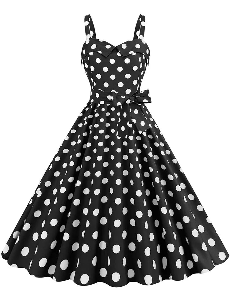 Women's Polka-Dot Puff-Sleeve Midi Sundress — Vintage Square-Collar Dress