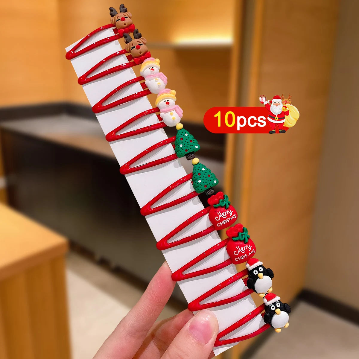 10pcs Girls Christmas Hair Clips Cartoon Santa Snowflake Reindeer Tree Penguin Bear Bell Fashionable BB Bows for Holiday Parties