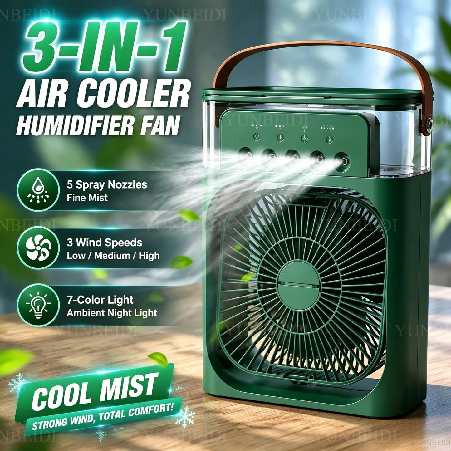3-in-1 Portable Evaporative Air Cooler – Misting Fan, Humidifier & LED Light