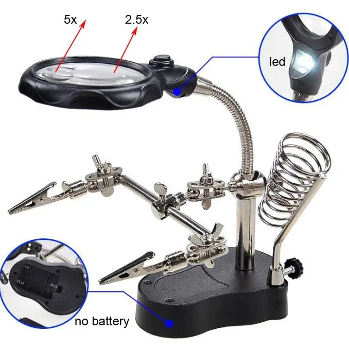 3.5X 12X Helping Hands Third Hand Soldering Iron Welding Stand Station with 2 LED Clip Welding Magnifier Magnifying Glass