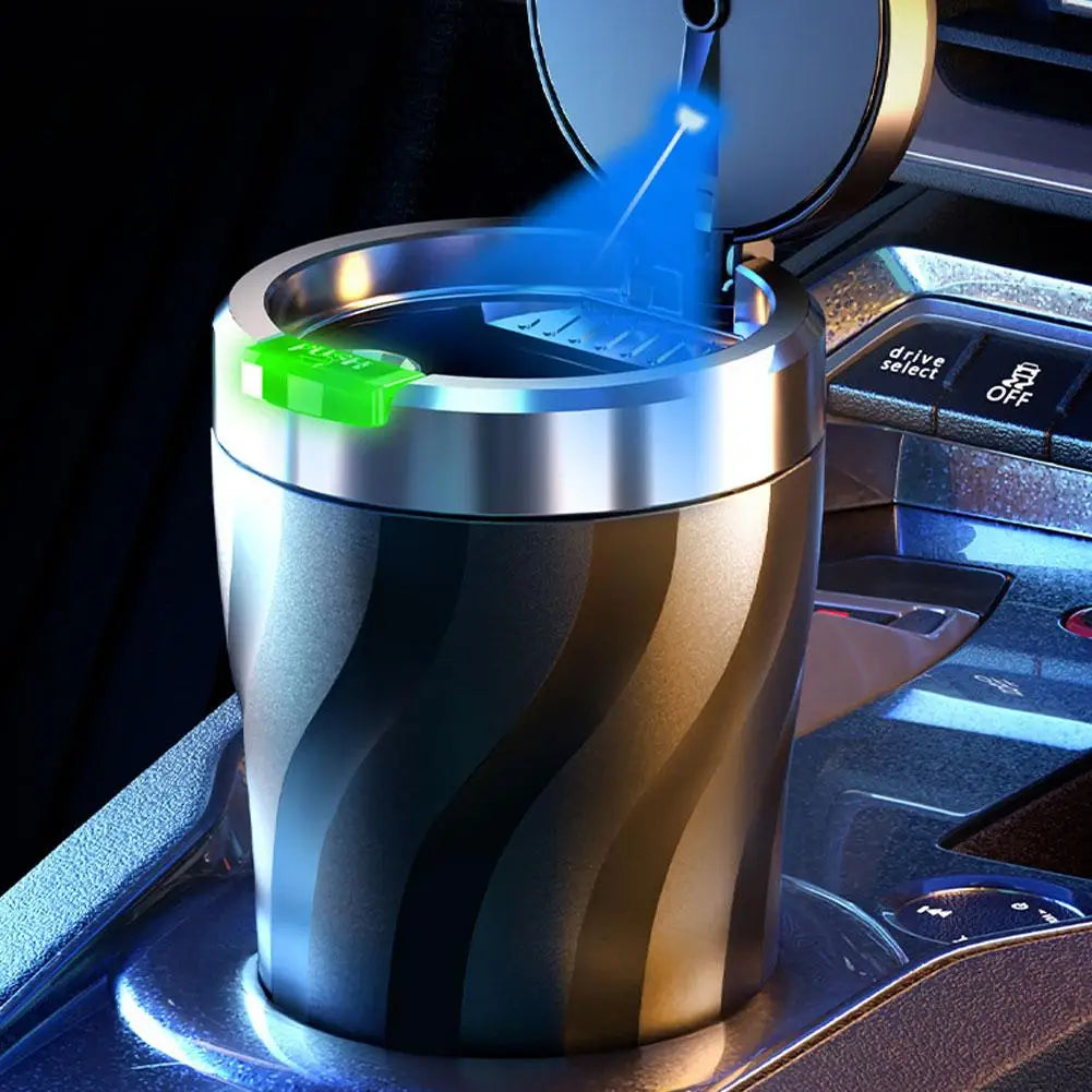 Portable Car Ashtray with LED Light Metal Liner Auto Ash Tray Large Capacity One-Click Open Interior Accessories