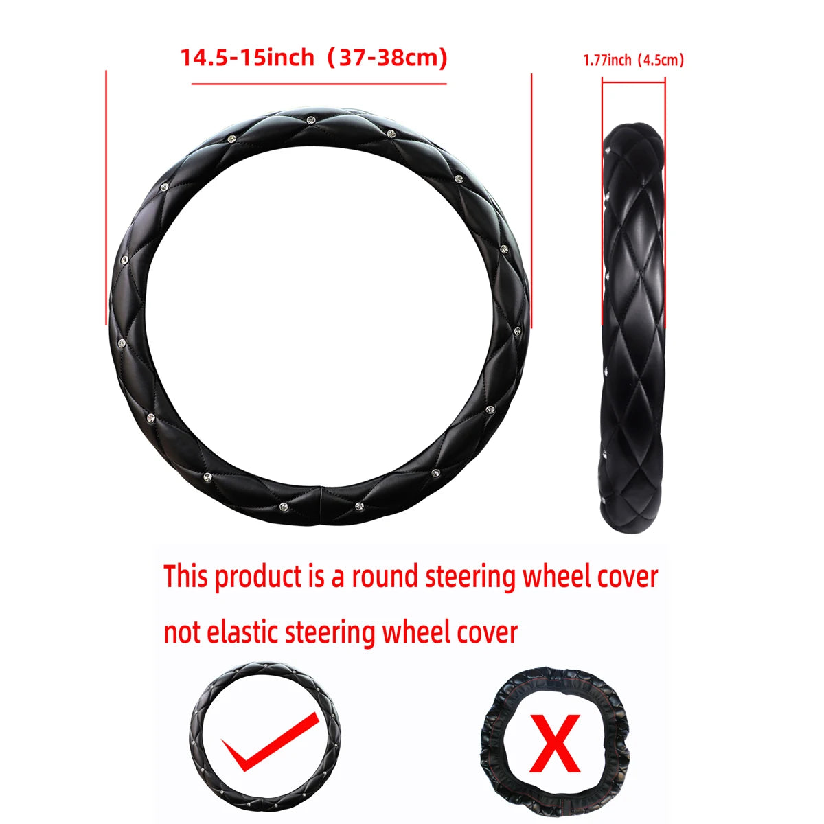 Soft leather embroidered stereo diamond-studded car steering wheel cover with inner ring fits 14.5-15 inches