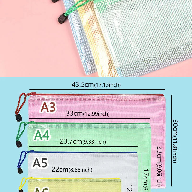 10PCS Stationery Storage Folder File Mesh Zipper Pouch Document Bag Office and Educational Supplies Storage Students Stationery