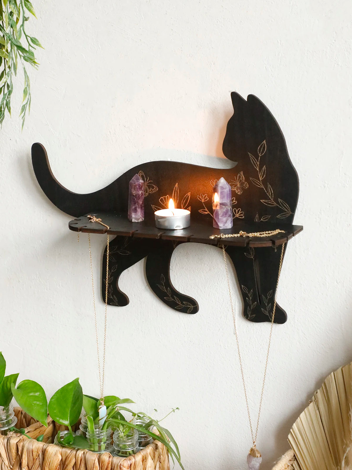 Black Cat Floating Wall Shelf - Flower Pattern Display – photo 2