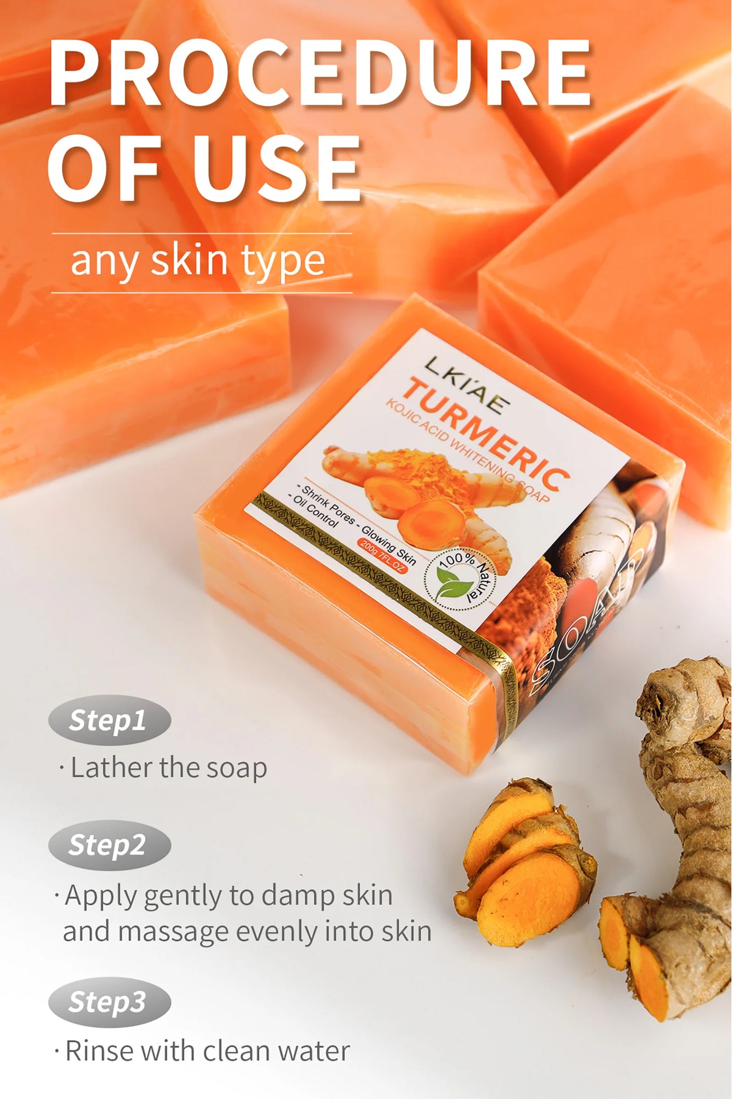 Natural Turmeric Whitening Soap Bar, Clean Skin, Remove Dark Spots, Acne, Hyperpigmentation, Smooth Skin, For Face & Body, 200g