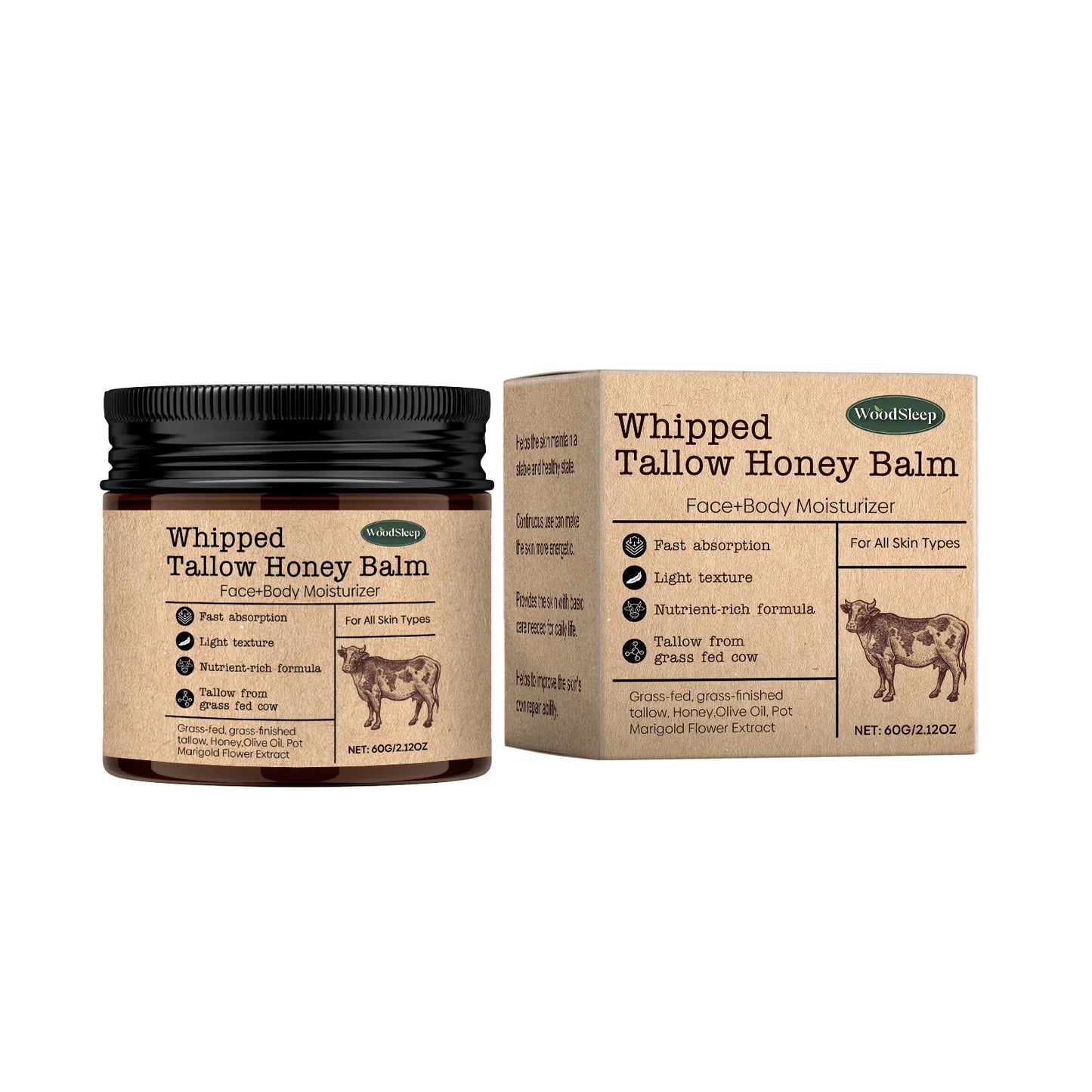 WoodSleep Whipped Beef Tallow Balm - Grass-Fed Tallow & Wild Honey