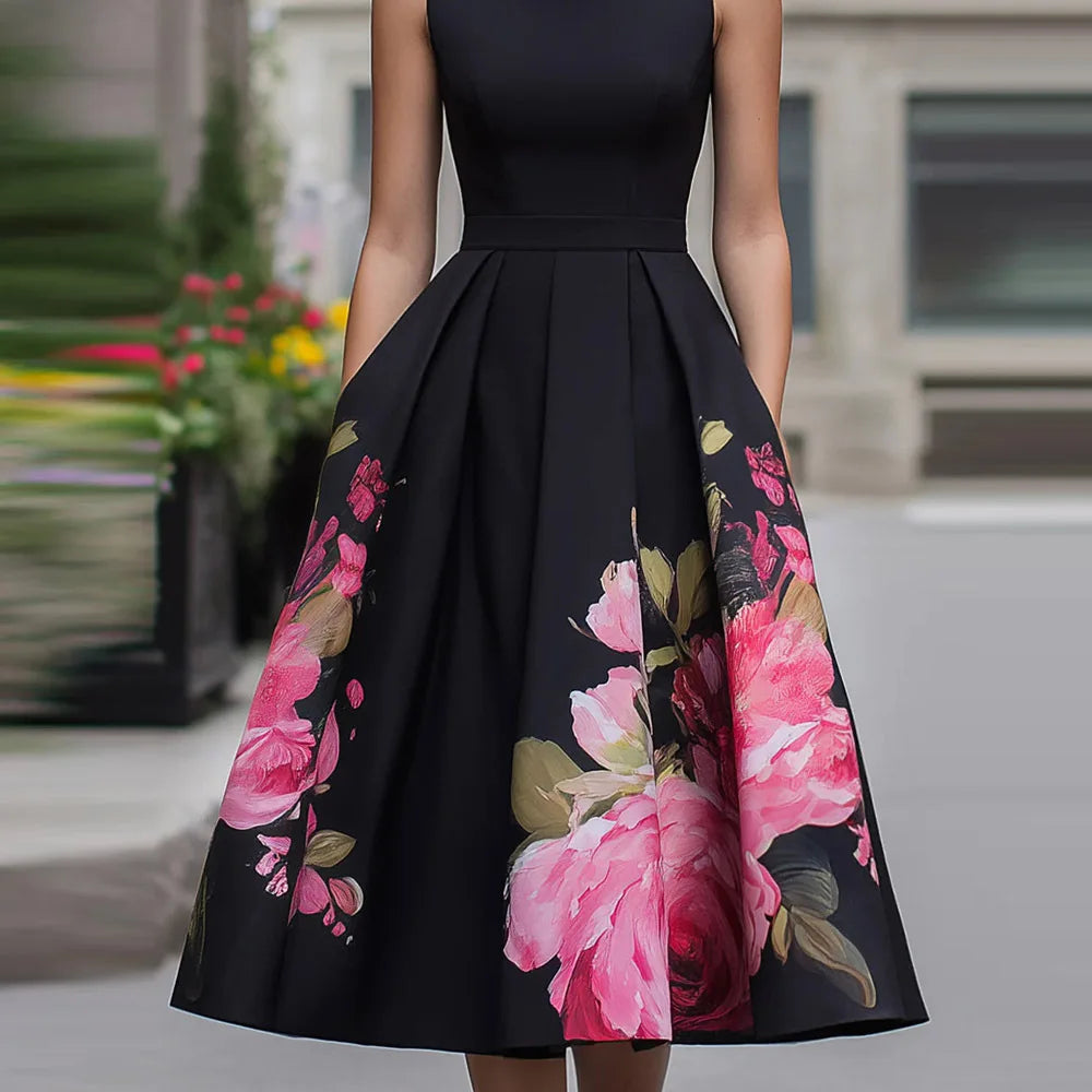 Elegant Chic O Neck Sleeveless Maxi Dress Women Summer Holiday Patchwork Printing Casual Party Dress Fashion Simple Ladies Dress