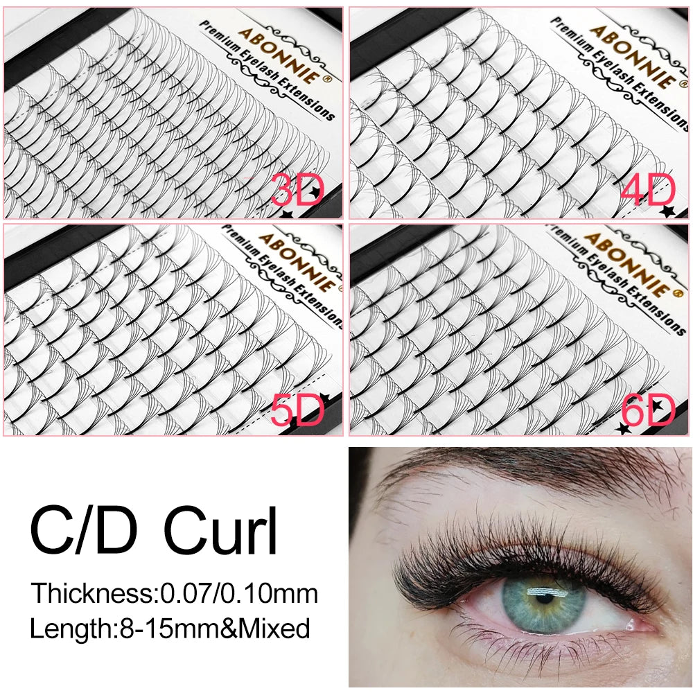 Abonnie 3D/4D/5D/6D Premade Volume Fans Fluffy Lashes Long Stem Russian Volume Eyelashes Extension All Size Fans