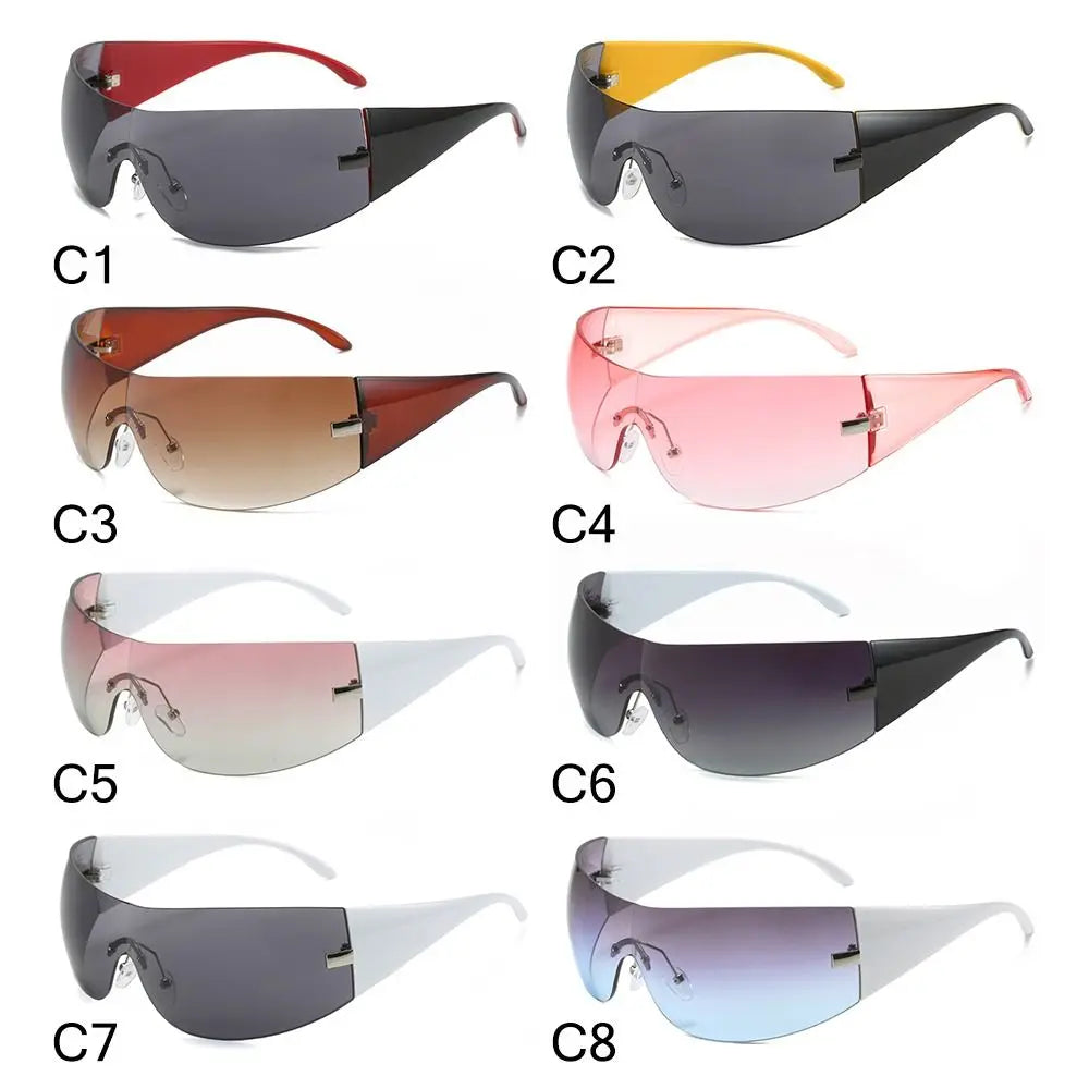 Trendy Y2K Sunglasses for Women  Men Rimless Wrap-Around Sunglasses Futuristic One Piece Shades Fashion Hip Hop Sun Glasses