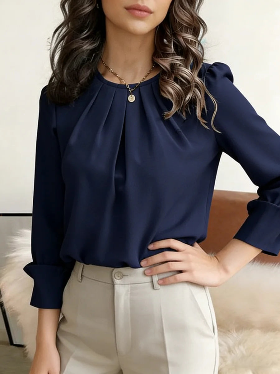 Women's Pleated Round Neck Blouse - Loose Long Sleeve Top - photo 2