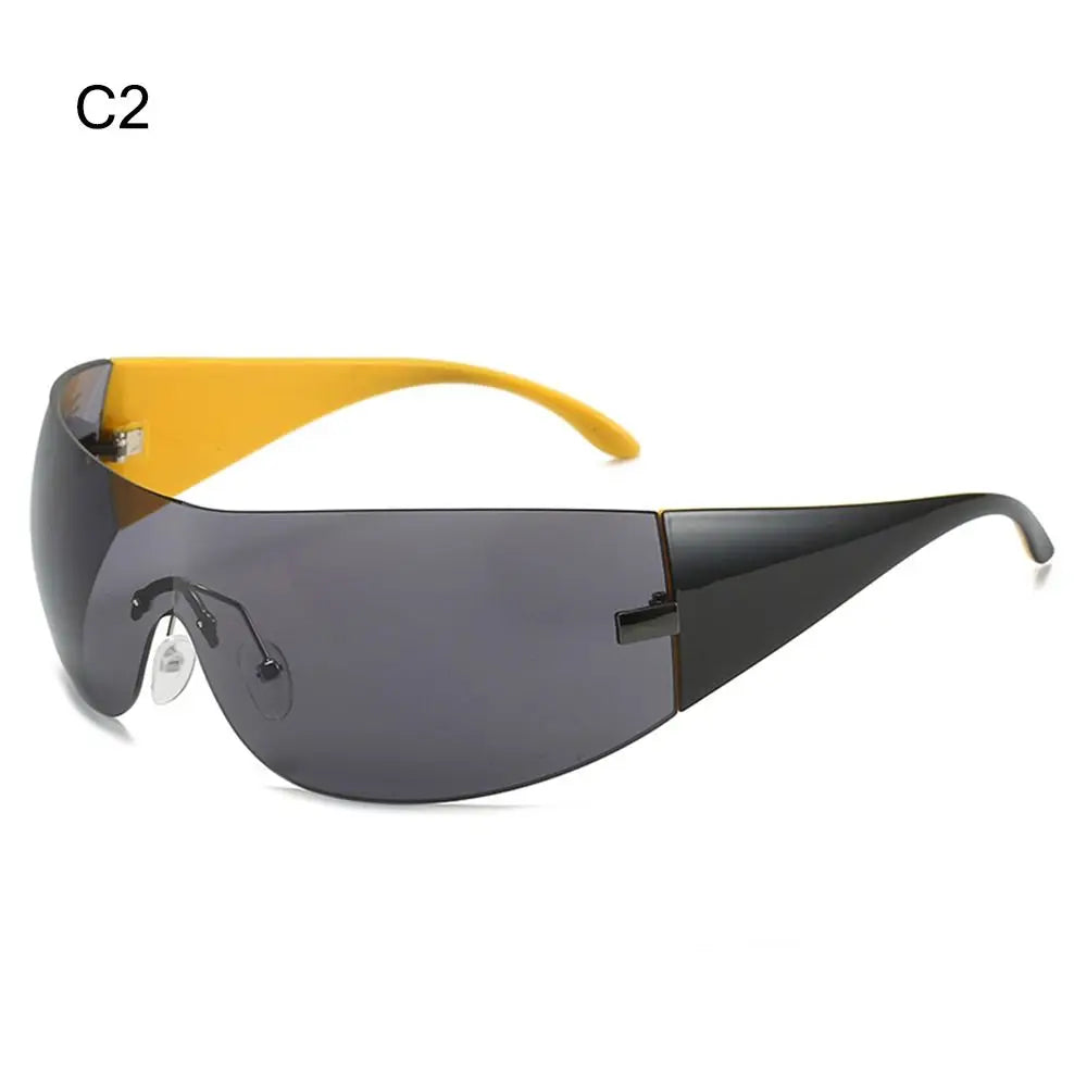 Trendy Y2K Sunglasses for Women  Men Rimless Wrap-Around Sunglasses Futuristic One Piece Shades Fashion Hip Hop Sun Glasses