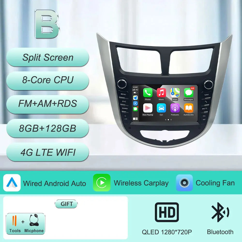 7" Android Car Radio for Hyundai Solaris Accent Verna 2010-2016 Wireless CarPlay Android Auto GPS WiFi BT FM Touch Screen Stereo