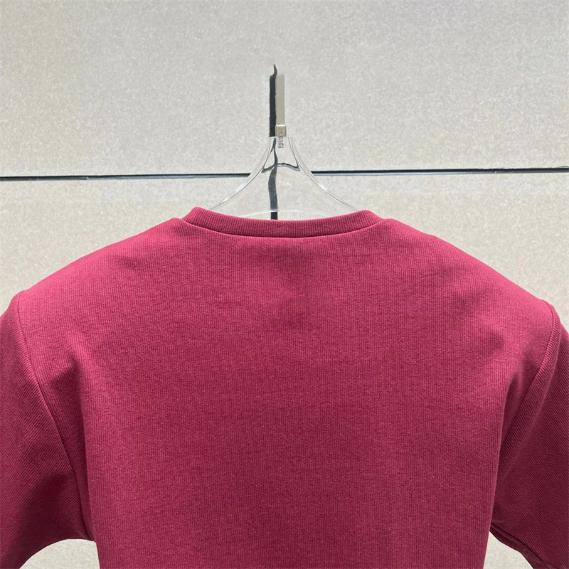 Women's t-shirt 2026 summer New elastic knitted short sleeved top 3D flower decorated round neck pullover pure cotton crop top
