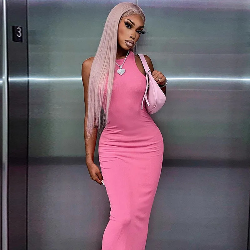 Hugcitar Ribbed Sexy Y2K Clothes Sleeveless Bodycon Maxi Dresses For Women Club Birthday Party Streetwear Elegant Outfits