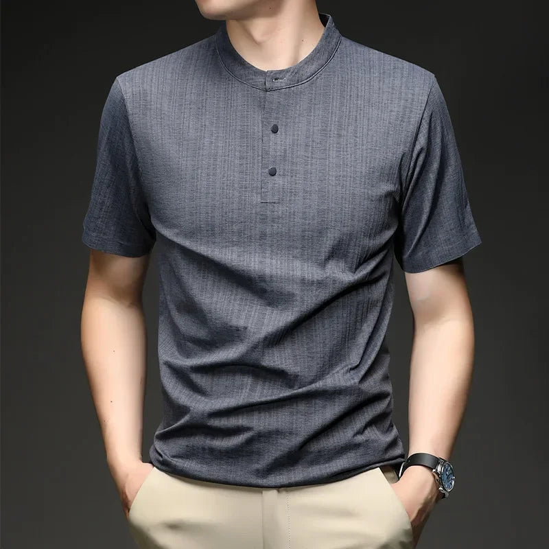 Men's Mandarin Collar Henley - Three-Button, Breathable Slim Fit