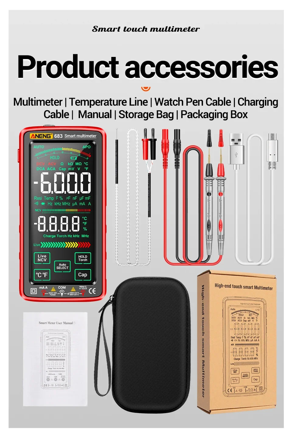ANENG 683 Smart Multimeter Tester High-end Touch Rechargeable 6000 Counts Multimetro Test Multitester AC/DC Voltage Current Tool