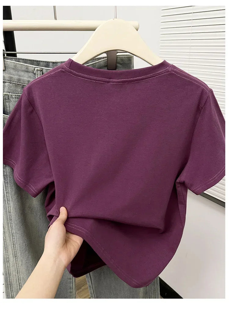 Women's Solid Short Sleeve Tee — Casual Y2K Top
