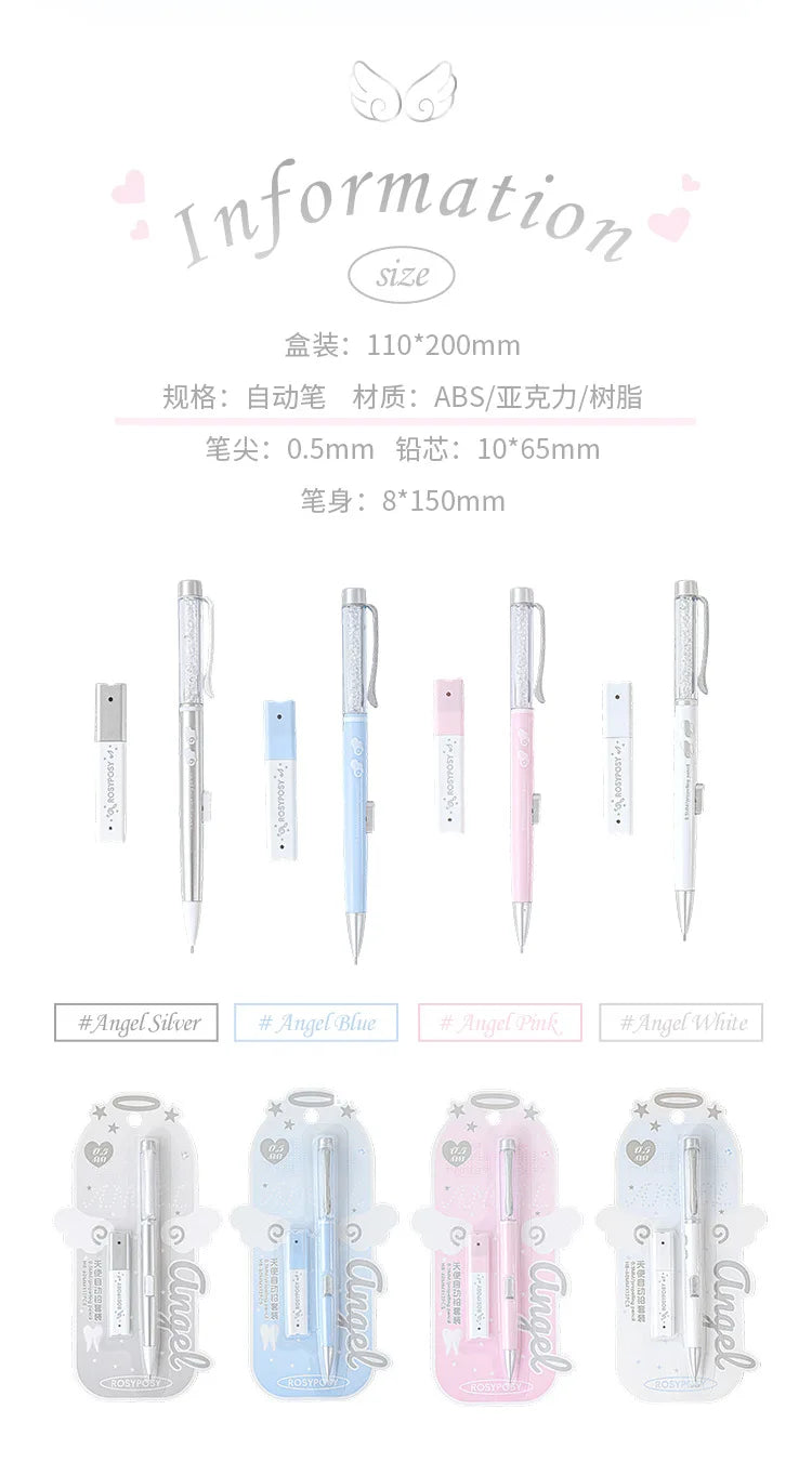 Angel Automatic Lead Set High Appearance Girl Heart Shiny Crystal Pen Holder 0.5HB Student Button Pencil and Lead Core