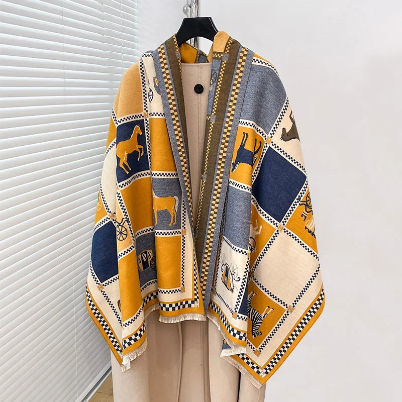 Women's Horse Print Poncho Shawl Wrap, Thick Winter Scarf