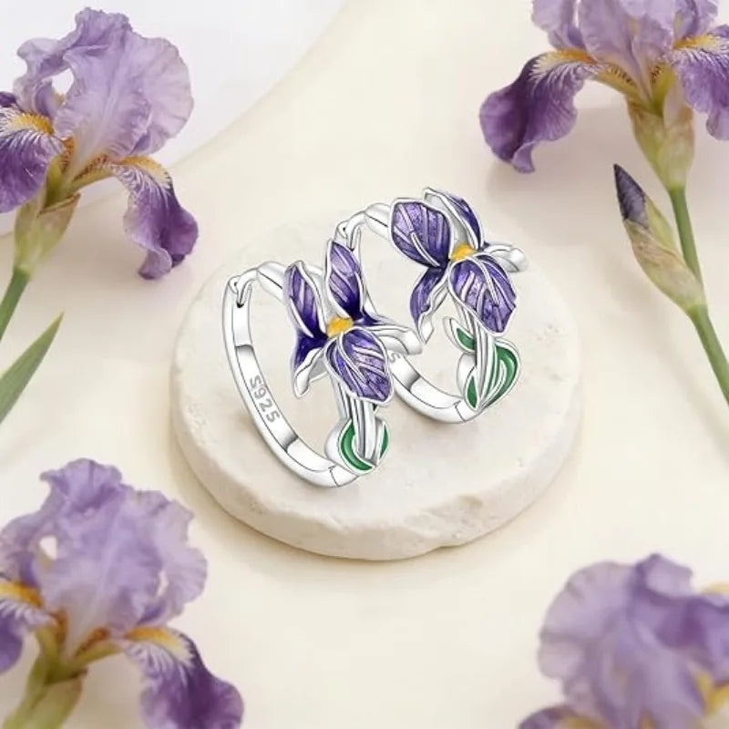 925 Silver Iris Flower Earrings – Purple Floral Drops