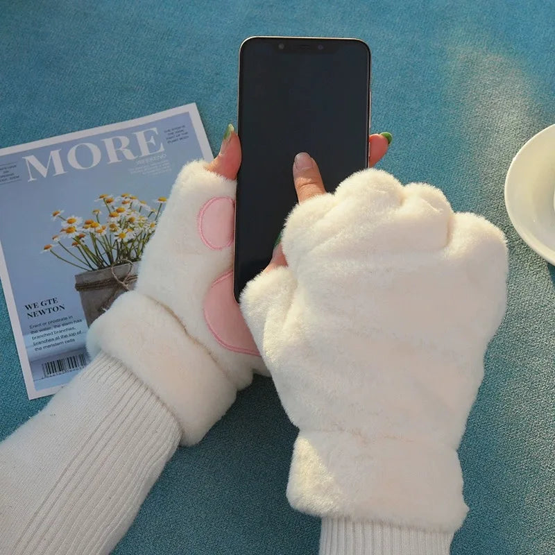 Women's Cat Paw Plush Mittens, Fingerless