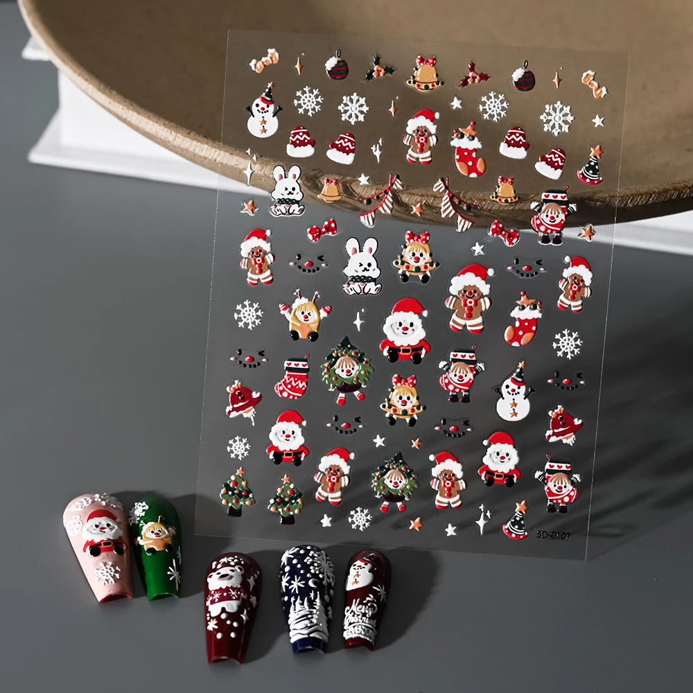 1pcs 5D Embossed Snowflakes/Snowman/Santa Claus/Reindeer Nail Art Stickers Self-Adhesive Cute Christmas Nail Art Decals 8*10CM