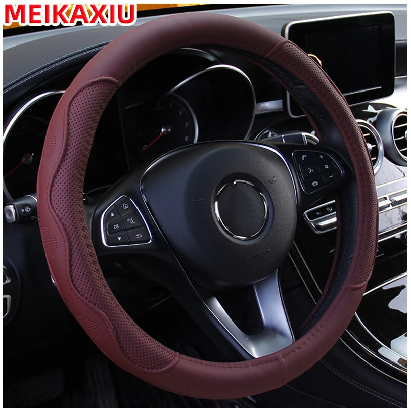 38cm PU Fiber Leather Steering Wheel Cover Embossed Style round Car Decorations Accessory with Inner Ring for All Seasons