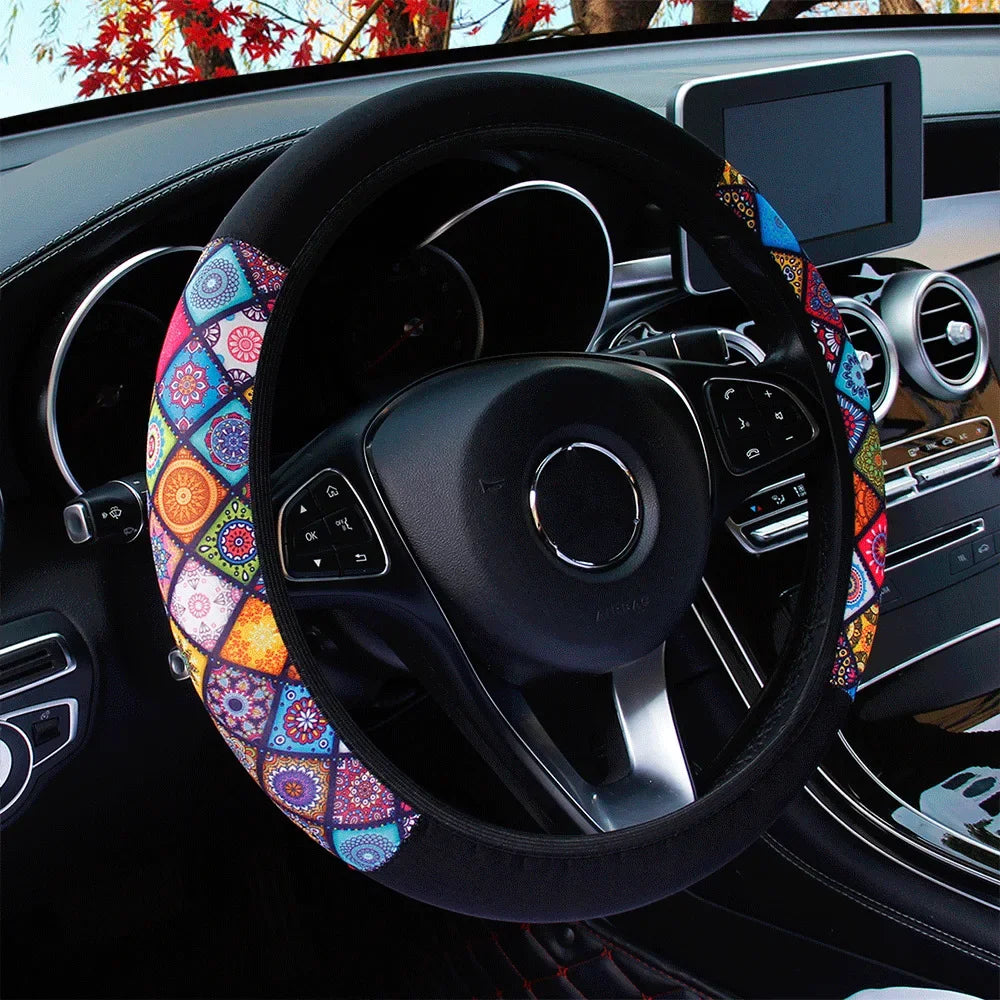 38cm Elastic Car Steering Wheel Cover Ethnic Style Print Anti-slip Car Styling Car Steering-wheel Cover Interior Accessories