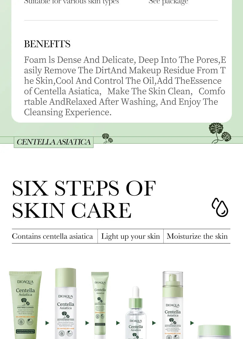 6pcs/set BIOAQUA Centella Skin Care Sets Moisturizing Anti-Aging Face Facial Cleanser Face Cream Serum Eye Cream Skin Care Kit