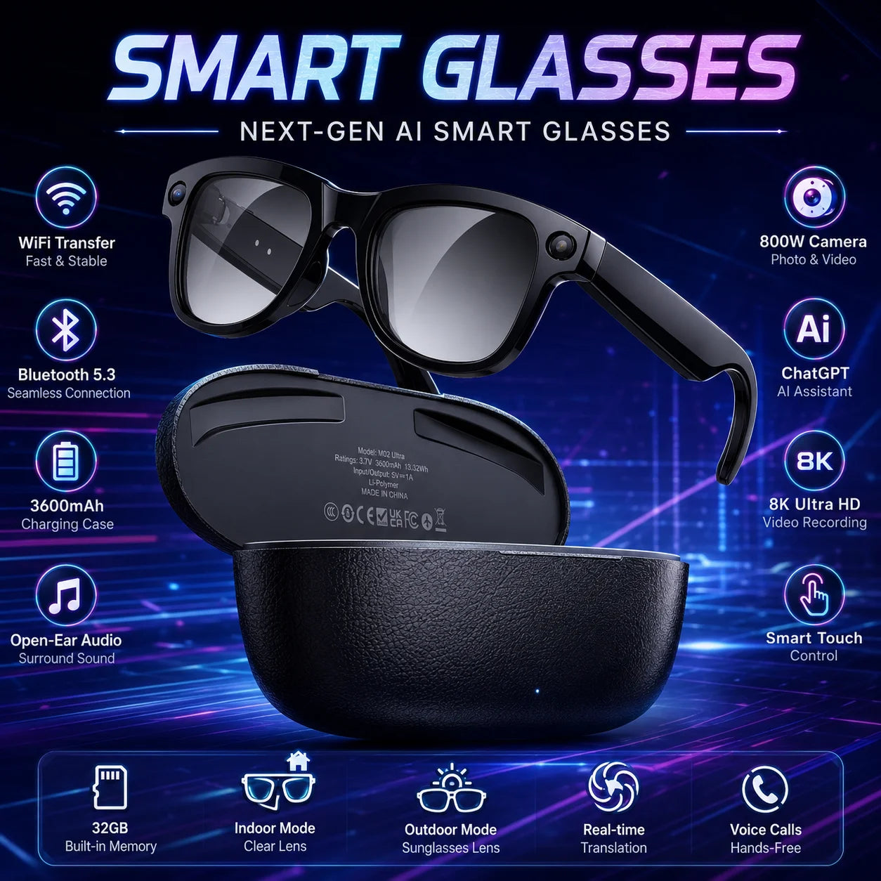 AI Smart Glasses — 4K Camera, 32GB & Language Translation