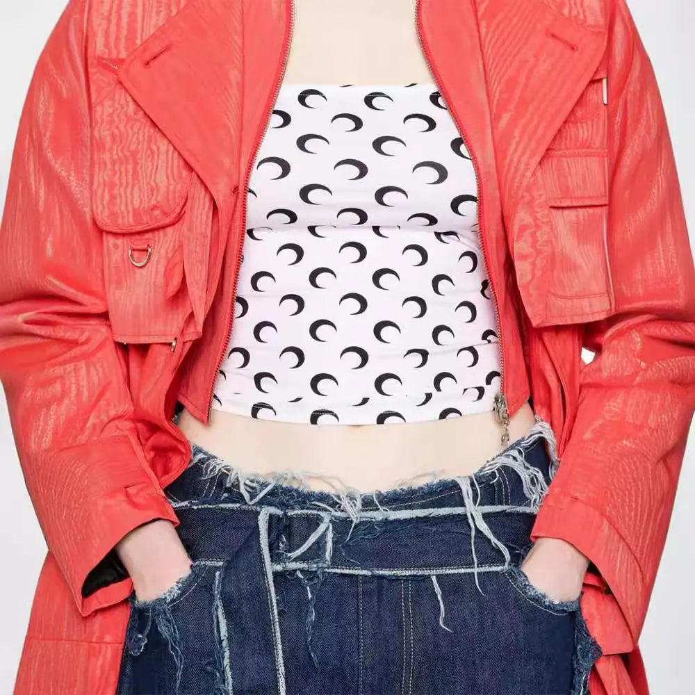 New Fashion Moon Print Sexy Short Crop Top Women's Summer Korean Style Leisure Streetwear Sweet Strapless Slim Fit Blouse