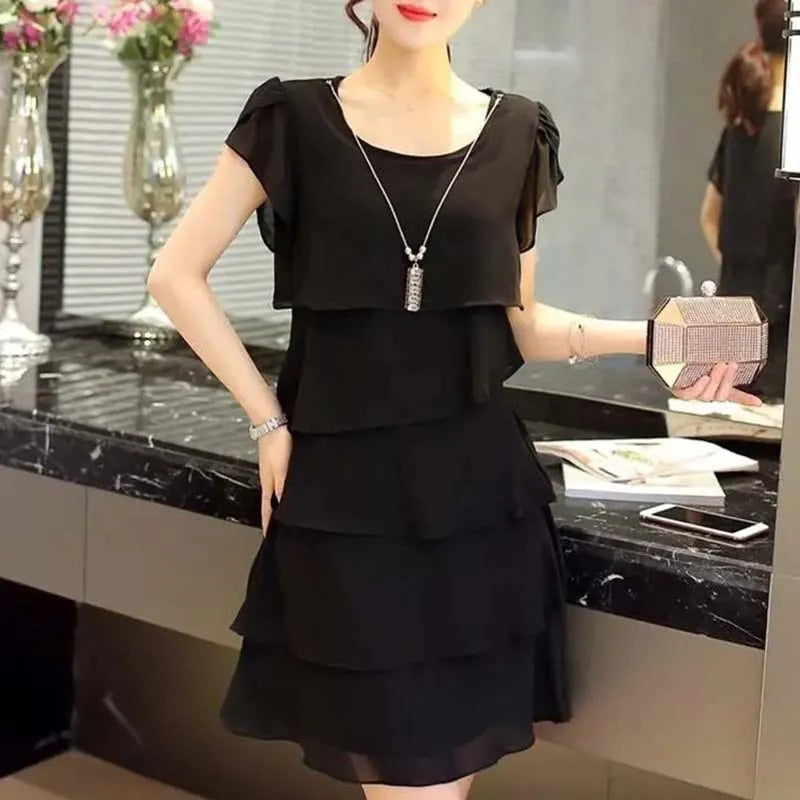 Women's Ruffle Chiffon Mini Dress — Sweet Solid Short-Sleeve O-Neck Dress