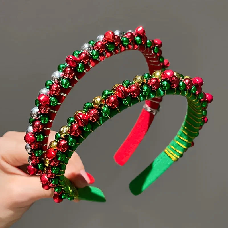 Festive Christmas Headband with Red & Green Beads, Golden Accents & Bell Charms - Hand-Wrapped Polyester Party Accessor