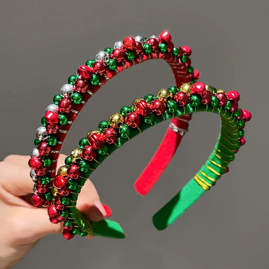 Festive Christmas Headband with Red & Green Beads and Bell Charms
