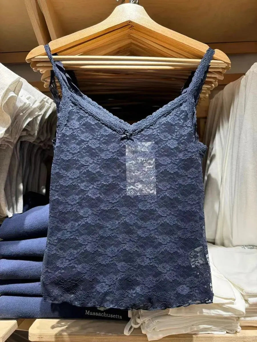New Blue Lace Transparent Tank Tops Summer Bow Sexy V Neck Sleevless Slim Thin Camis Women Vintage Solid Sweet Mesh Crop Top