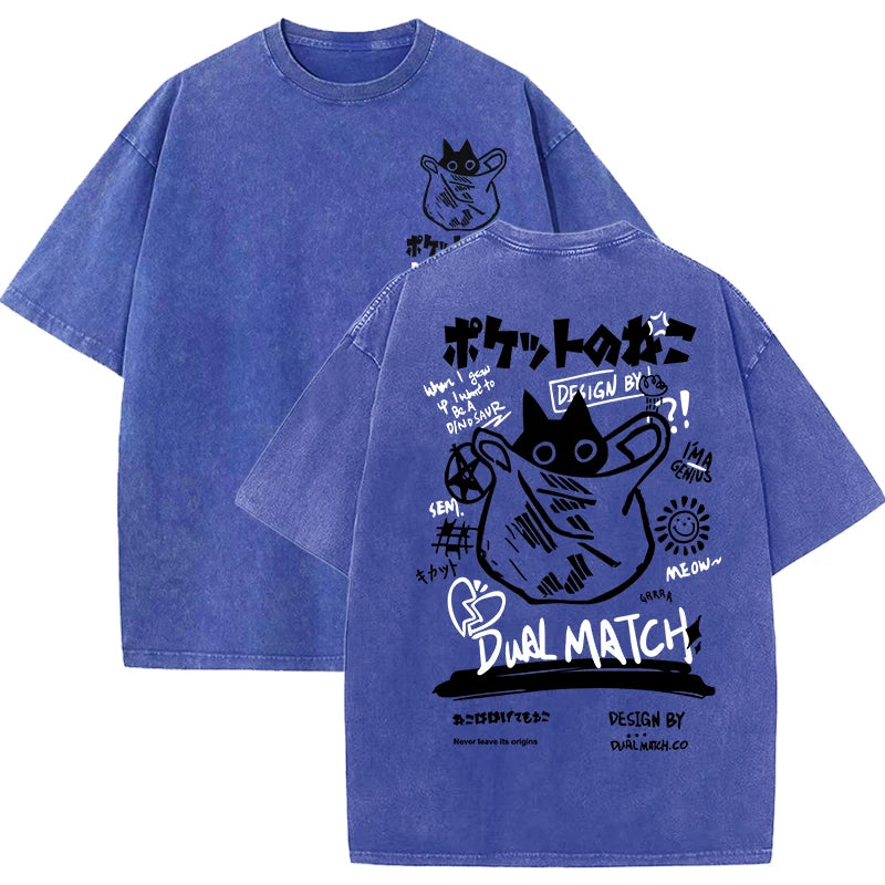 Women Cartoon T-Shirts Vintage Summer Harajuku Kawaii Cat Printed Short Sleeve Tees Couple Streetwear Loose Clothes Cotton Tops