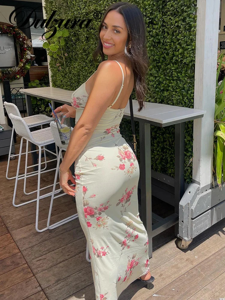 Dulzura Sexy Y2K Clothes Floral Print Sleeveless Backless Bodycon Maxi Dresses For Women 2026 Club Birthday Party Elegant Outfit