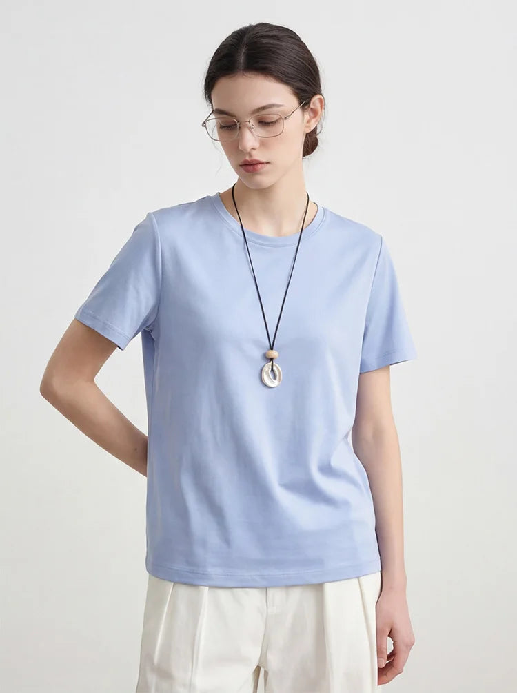Women's Luxury Mulberry Silk Cotton T-Shirt – Loose Round Neck Short Sleeve Solid Basic Top