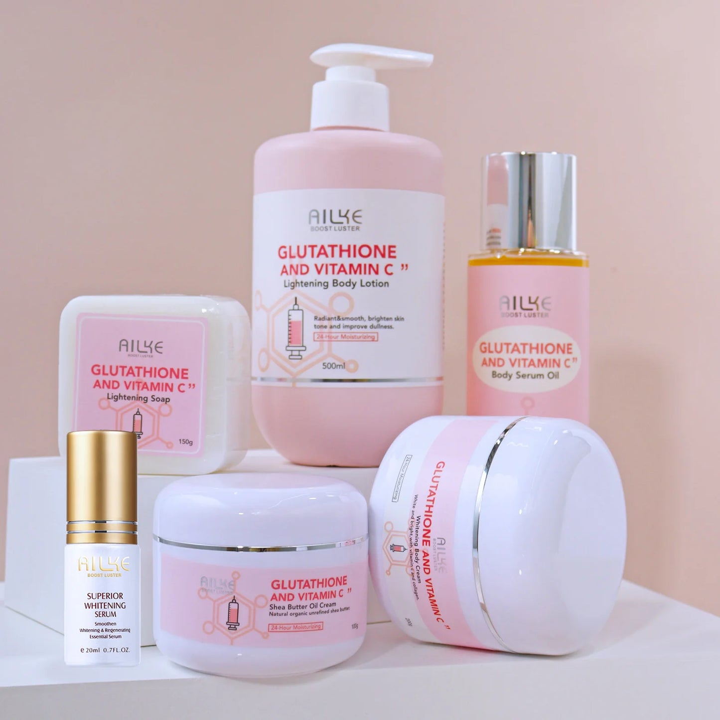 AILKE Glutathione & Vitamin C Brightening Skincare Kit – Whitening Body Lotion, Cream, Serum, Soap & Spa Oil Set