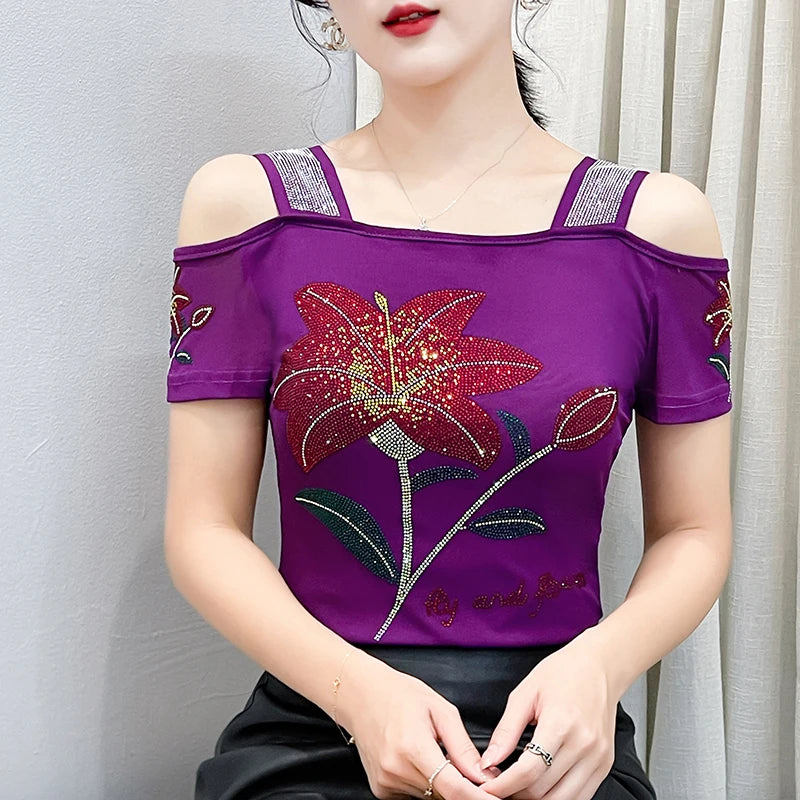 Women's Off-Shoulder Rhinestone Mesh Top