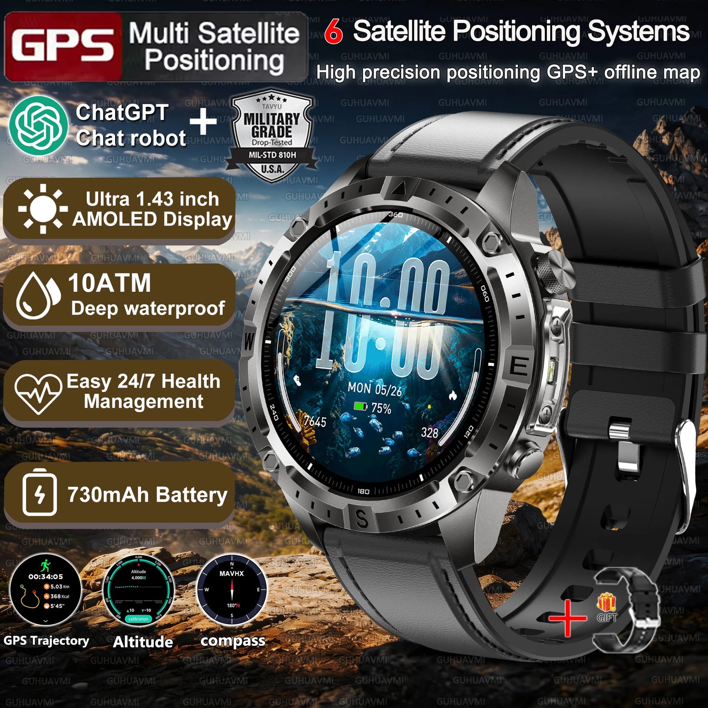 Military-Style GPS Smart Watch — Offline Maps, 10ATM, 2GB RAM