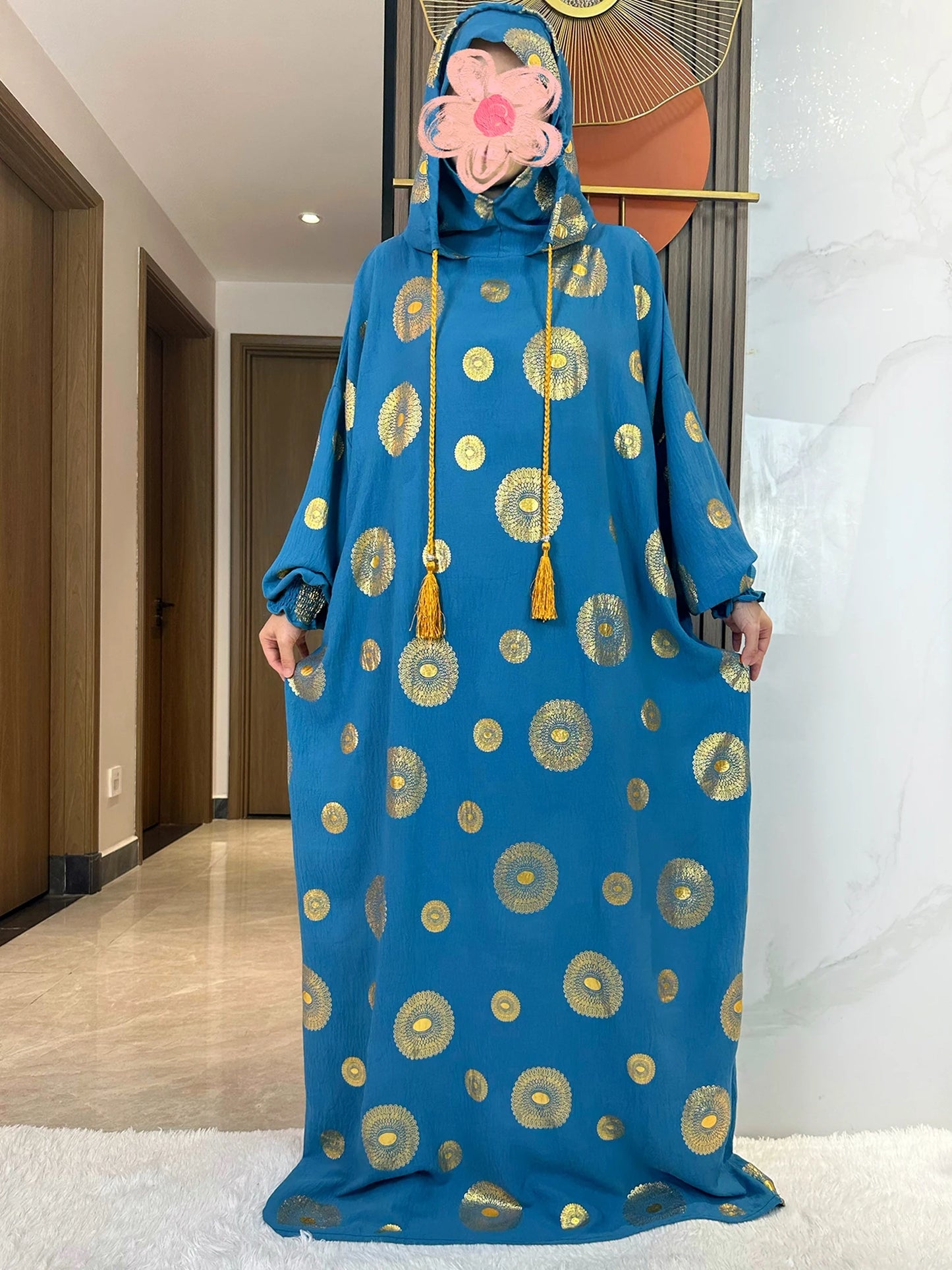 Women's Cotton Embroidered Abaya Kaftan – Gold Dust Shimmer, Loose Fit, All-Season Muslim Dress