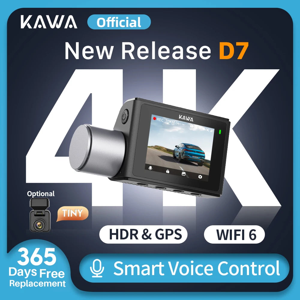 4K Front and Rear Dash cam KAWA D7,Video Recorder 4K WiFi6 Car Camera,DVR Tiny Rear Camera for AUTO,APP/Voice Control Dashcam