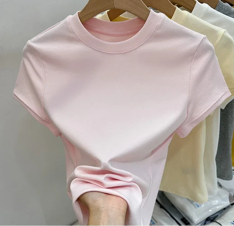 Zjaiss 2026 O-Neck Fashion T-Shirt Summer Sexy Basic Top Solid Short Sleeve Womens Tshirt Casual Korean Tee Streetwear