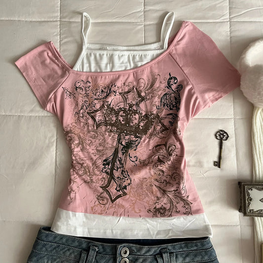 Y2K Harajuku Women's Millennium Short sleeved Top Harajuku Pink Printed Casual Fashion Street Style Sweet Sexy Millennium Style
