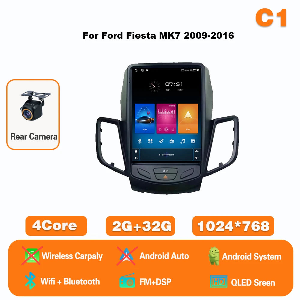 9.7" Android Car Stereo for Ford Fiesta MK7 (2009–2017) — Wireless CarPlay & Android Auto, GPS, 4G, WiFi