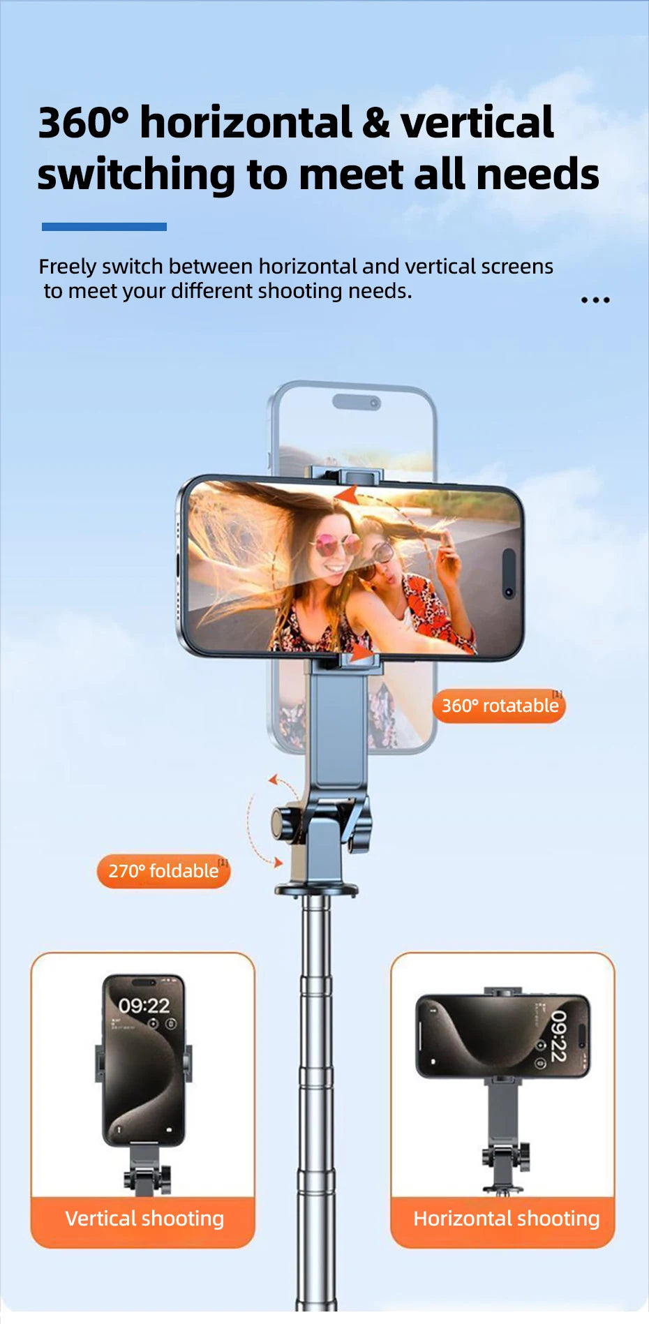 Retractable Selfie Stick 70-Inch And Tripod  Dual Handheld And Freestanding Design Wireless Remote Shutter 360 Degree Rotation And Multi-Angle Adjustment Stable