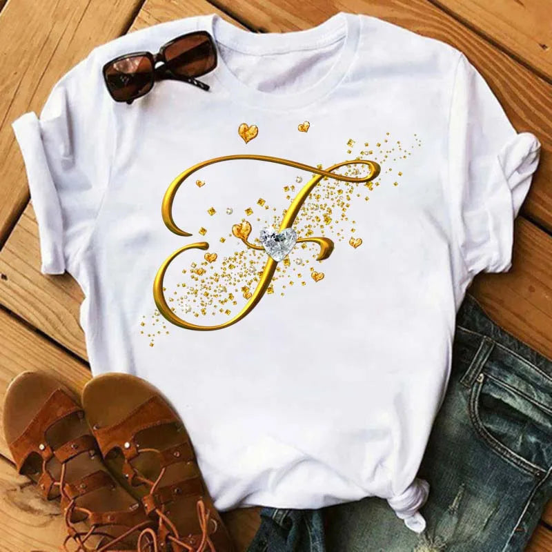 Women's Personalized Letter Graphic Tee — Gold Diamond-Font Monogram Short-Sleeve Top