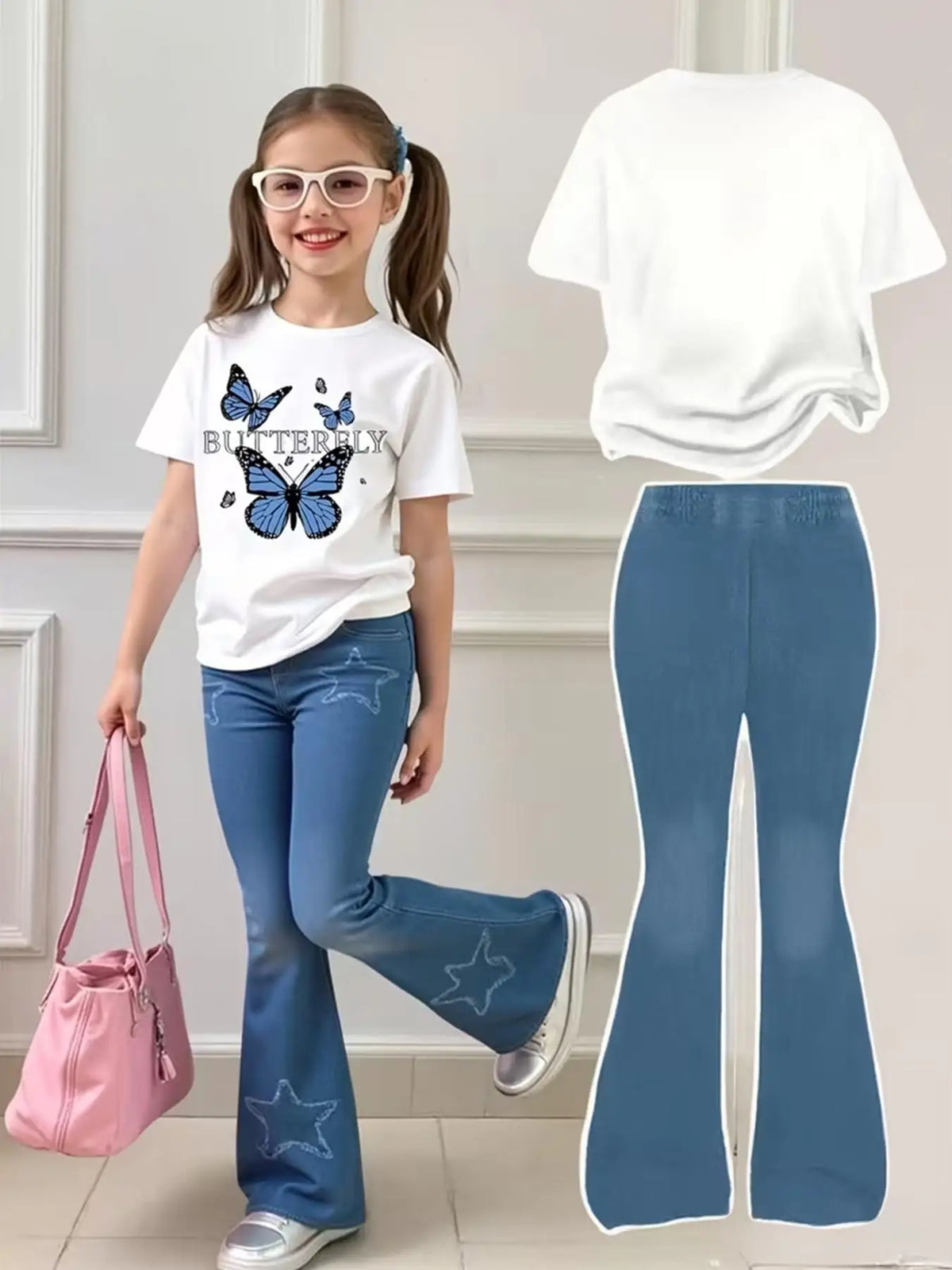 Girls' Summer Casual Outfit: White Butterfly Print T-Shirt + Blue Faux Denim Star Bell-Bottom Pants, Two-Piece Set Suitable for Children Aged 4-12, Versatile Clothing for Home and Outings